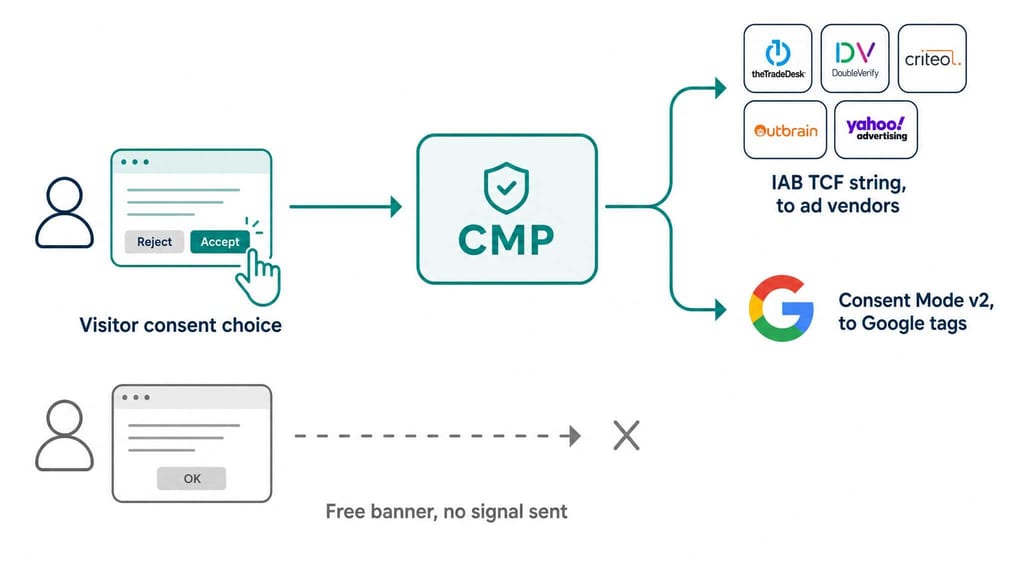 Diagram showing a CMP translating one visitor consent choice into an IAB TCF string for ad vendors and Consent Mode v2 flags for Google, while a free banner sends no signal to either.