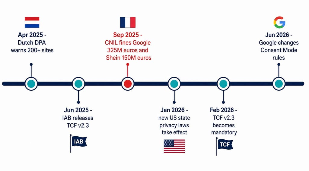Timeline of consent enforcement and framework deadlines from April 2025 to June 2026, including the CNIL's 325 million euro Google fine and 150 million euro Shein fine.