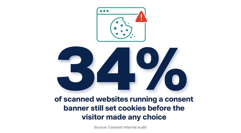 Chart showing that a third (34%) of scanned websites running a consent banner still set cookies before the visitor made any consent choice.