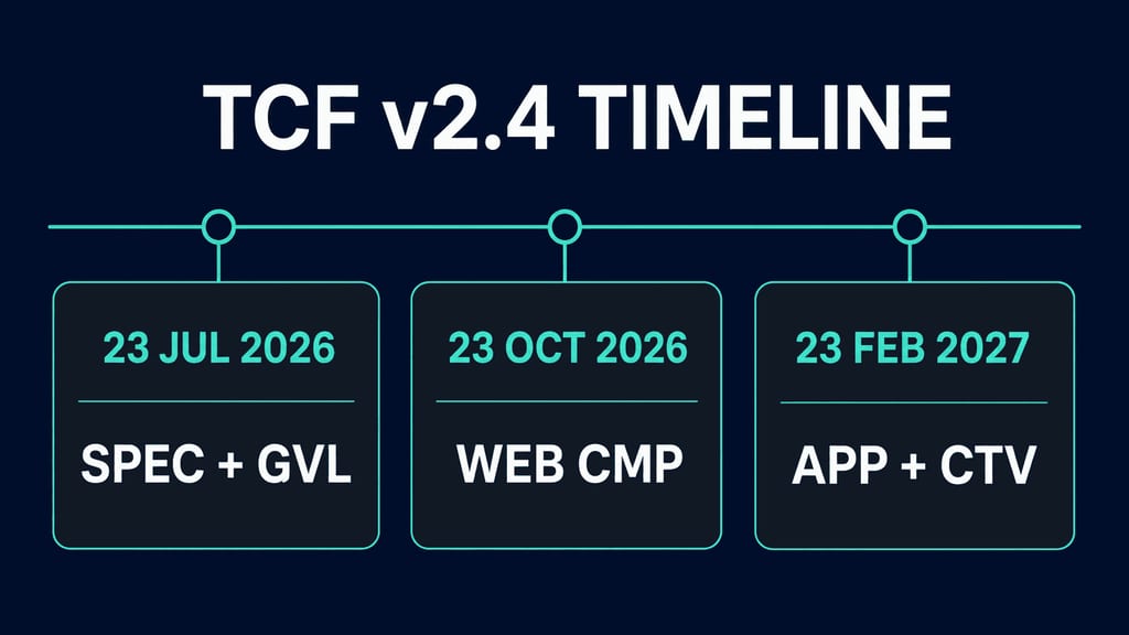 A three-step TCF v2.4 timeline: specification and GVL on 23 July 2026, CMP compliance deadline in October 2026